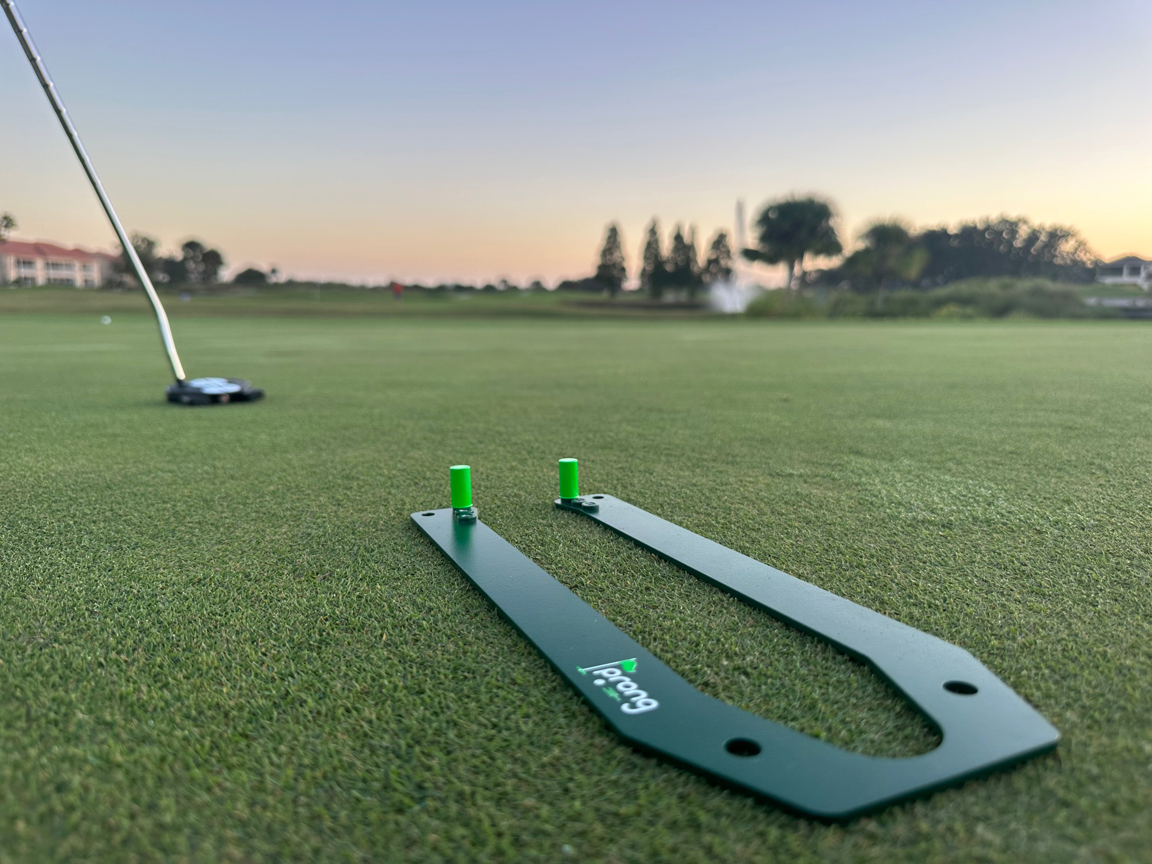 Green golf putting aid on a course-prong
